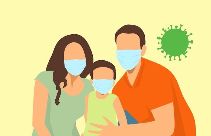 Family with a young child wearing facemasks to protect themselves from Coronavirus